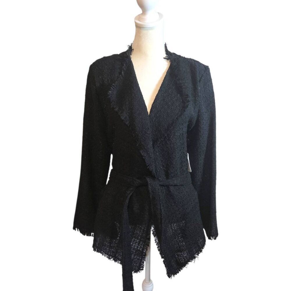 NWT Ginger by Stella + Ginger Black Lace Bouclé Fringe Wrap Jacket Boho Size L